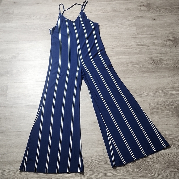 Olivaceous Pants - Olivaceous Navy Blue Vertical Stripe Wide-Leg Jumpsuit